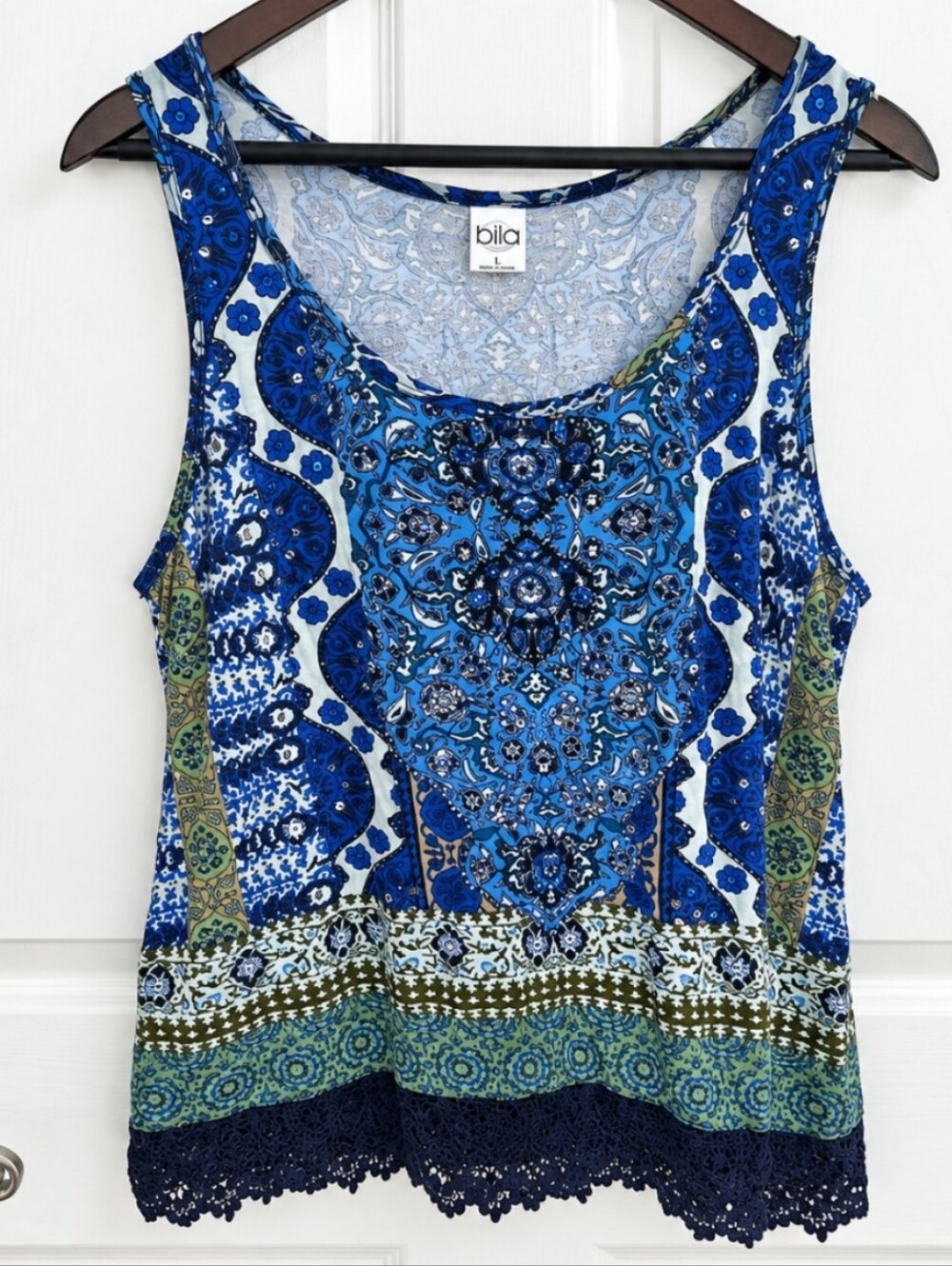 Bila Blue Patchwork Paisley Sleeveless Top Sz Lg